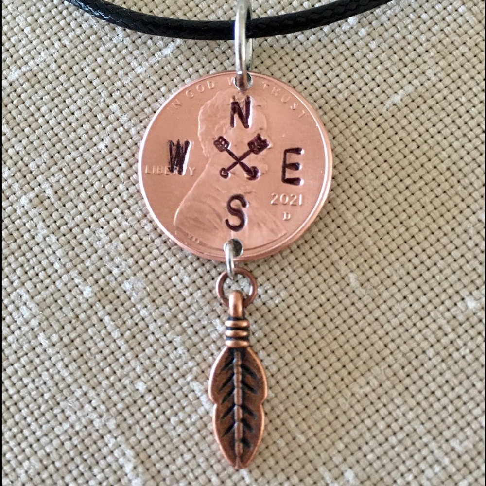 ARTISAN Stamped Penny Compass Feather Boho Necklace